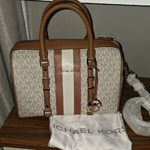 Michael Kors Tan and White Signature Satchel